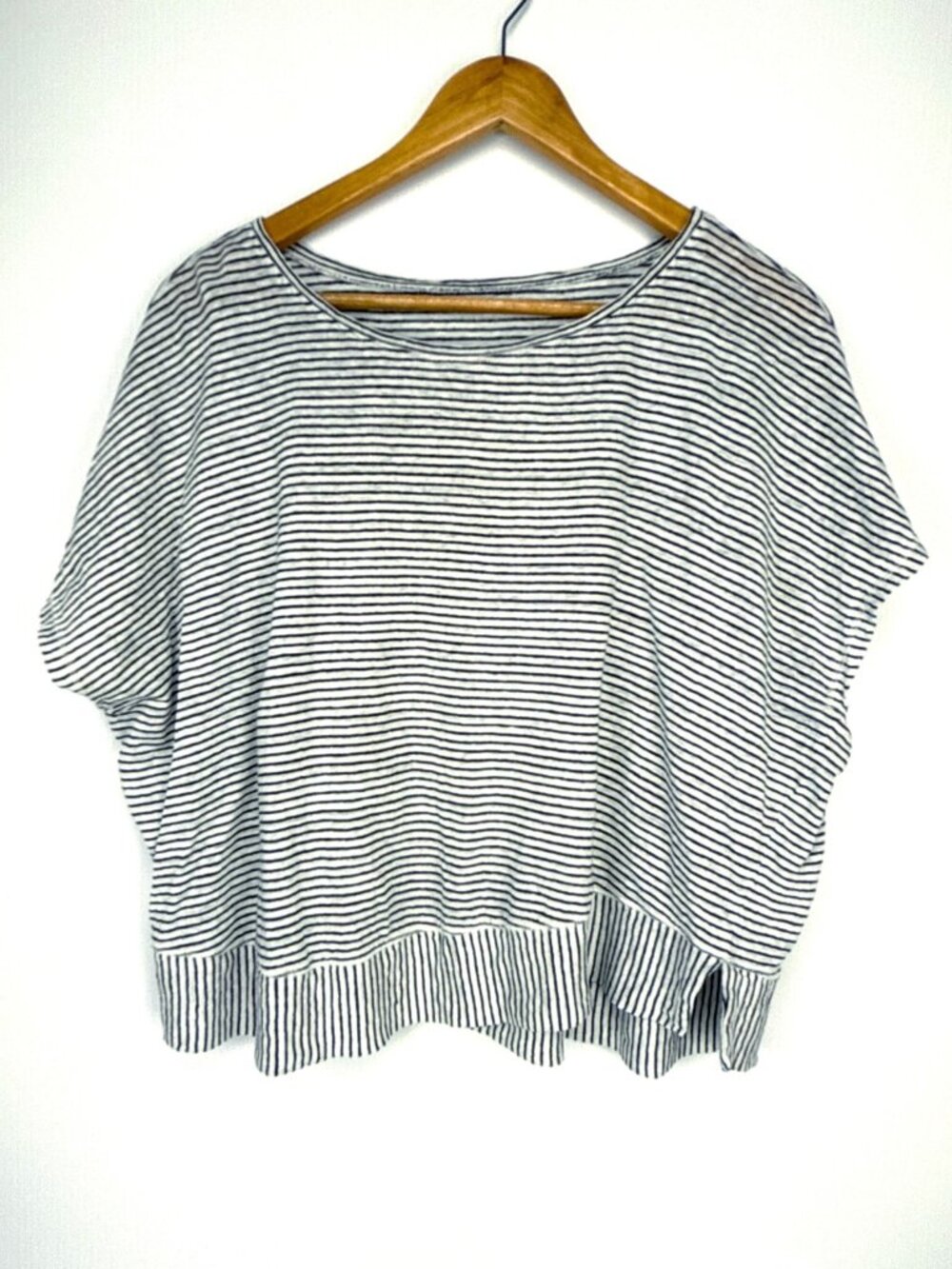 EILEEN FISHER Organic Linen Striped Cap Sleeve Boxy Tee Black White Size L